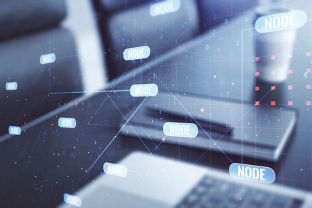 Double exposure of abstract programming language on laptop background, research and development conceptの写真素材