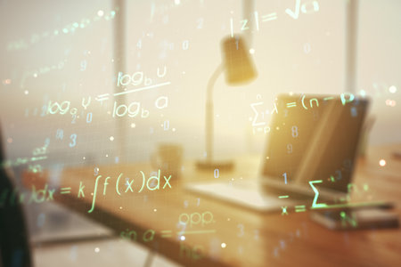 Double exposure of creative scientific formula concept on laptop background, research and development conceptの写真素材