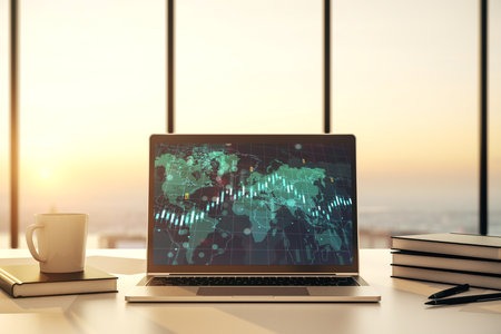 Abstract financial diagram with world map on modern laptop screen, banking and accounting concept. 3D Renderingの写真素材