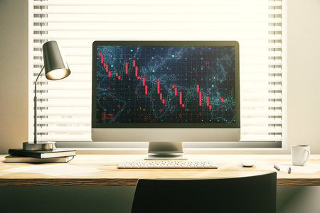Creative concept of crisis chart illustration on modern laptop screen. Global crisis and bankruptcy concept. 3D Renderingの写真素材