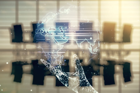 Multi exposure of abstract graphic world map on a modern furnished classroom background, big data and networking conceptの写真素材
