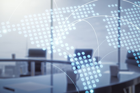 Abstract virtual world map with connections on a modern conference room background, international trading concept. Multiexposureの写真素材