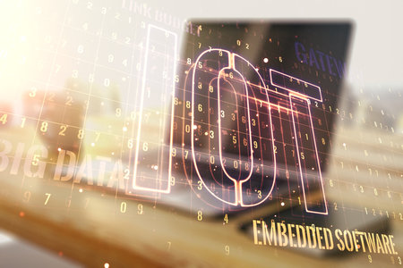 Creative IOT illustration and modern desktop with pc on background, future technology concept. Multiexposureの写真素材