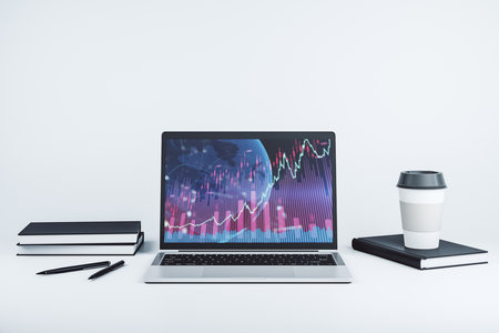 Abstract creative financial graph with world map on modern laptop screen, forex and investment concept. 3D Renderingの写真素材
