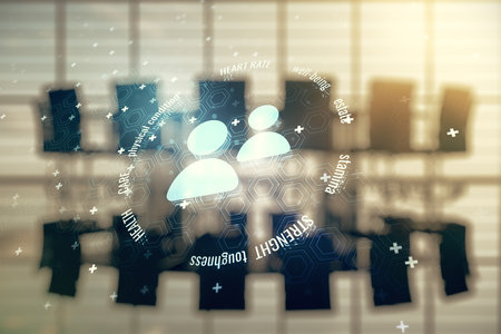 Abstract virtual people icons sketch on a modern boardroom background, life and real estate insurance online concept. Double exposureの写真素材