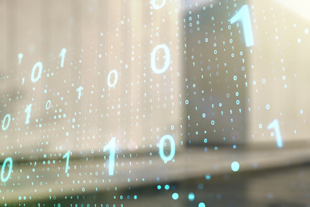 Abstract virtual binary code sketch on contemporary business center exterior background, hacking and matrix concept. Multiexposureの写真素材