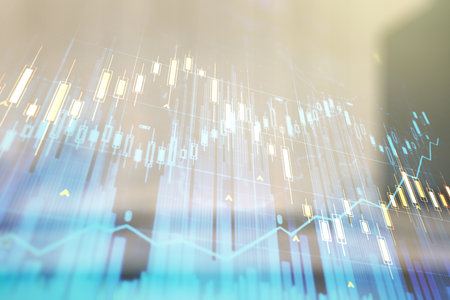 Double exposure of abstract creative financial chart hologram on modern business center exterior background, research and strategy conceptの写真素材