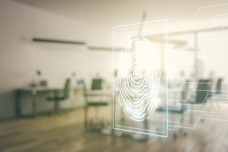 Abstract virtual fingerprint illustration on a modern furnished classroom background, personal biometric data concept. Multiexposureの写真素材