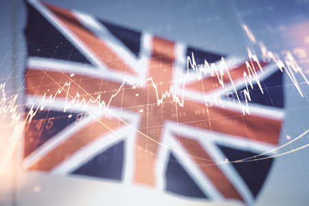 Multi exposure of virtual abstract financial graph interface on British flag and sunset sky background, financial and trading conceptの写真素材