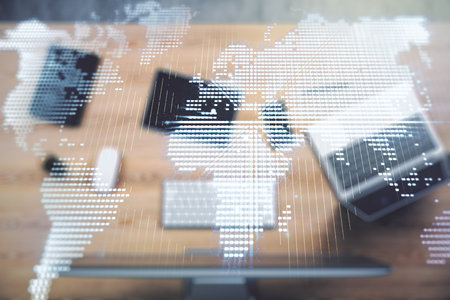 Multi exposure of abstract graphic world map on computer background, connection and communication conceptの写真素材