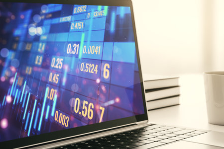Modern computer screen with abstract financial diagram, banking and accounting concept. 3D Renderingの写真素材
