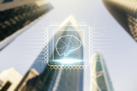 Virtual creative artificial Intelligence hologram with human brain sketch on office buildings background. Multiexposureの写真素材