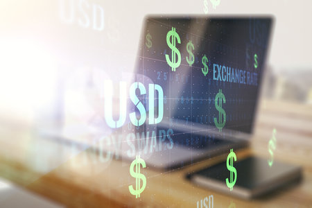 Creative USD symbols illustration and modern desktop with pc on background, forex and currency concept. Multiexposureの写真素材