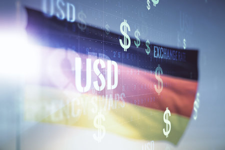 Virtual USD symbols illustration on flag of Germany and sunset sky background. Trading and currency...