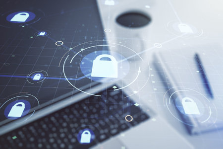 Creative light lock illustration with microcircuit on modern computer background, cyber security...