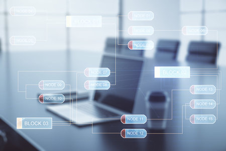Multi exposure of abstract graphic coding sketch on modern computer background, big data and...
