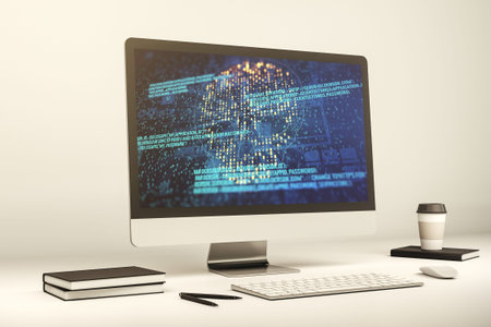 Modern computer monitor with creative code skull hologram. Malware and cyber crime concept. 3D...