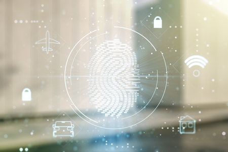 Multi exposure of virtual fingerprint scan interface on contemporary business center exterior background, digital access conceptの写真素材