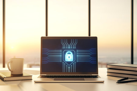 Modern computer monitor with creative lock hologram and chip. Information security concept. 3D Renderingの写真素材
