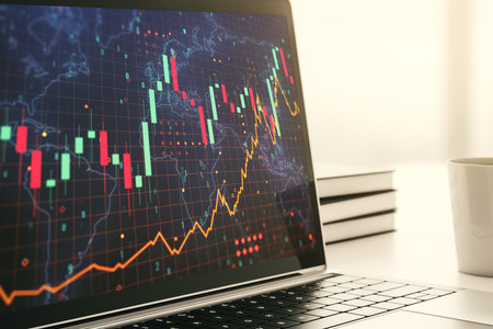 Modern computer display with abstract financial graph with world map, financial and trading concept. 3D Renderingの写真素材