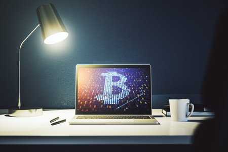 Creative Bitcoin concept on modern laptop screen. 3D Renderingの写真素材