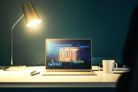 Creative IOT hologram on modern laptop monitor, internet of things concept. 3D Renderingの写真素材