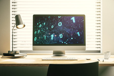 Creative abstract binary code sketch on modern laptop monitor, hacking and matrix concept. 3D Renderingの写真素材