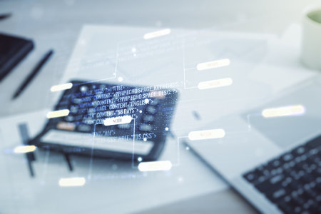 Double exposure of abstract creative programming illustration on calculator and pc background, big data and blockchain conceptの写真素材