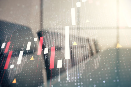 Abstract creative financial graph interface and world map on a modern conference room background, forex and investment concept. Multiexposureの写真素材