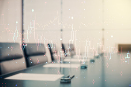 Multi exposure of abstract virtual financial graph hologram on a modern conference room background, forex and investment conceptの写真素材