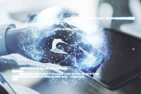 Double exposure of abstract creative programming illustration with world map and finger clicks on a...