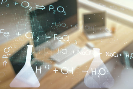 Creative chemistry hologram and modern desk with computer on background, pharmaceutical research concept. Multiexposureの写真素材