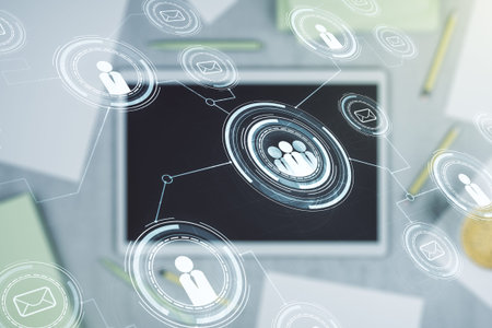 Social network concept and modern digital tablet on background, top view. Multiexposureの写真素材