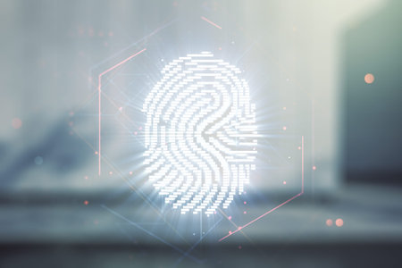 Multi exposure of virtual creative fingerprint hologram on modern business center exterior...