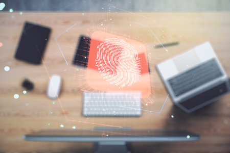 Double exposure of abstract creative fingerprint hologram on computer background, protection of...