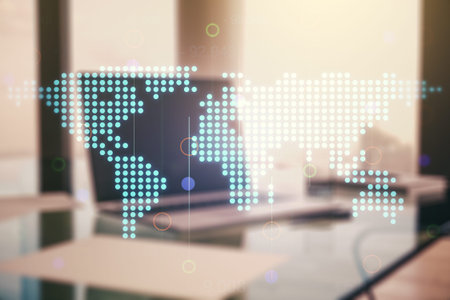 Multi exposure of abstract creative digital world map on laptop background, research and analytics conceptの写真素材