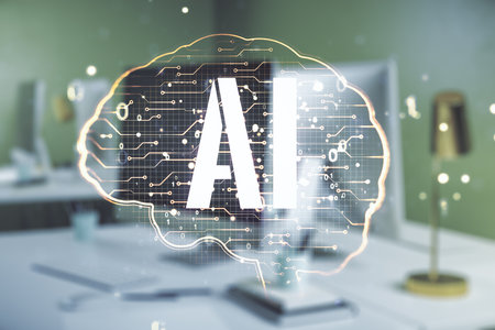 Creative artificial Intelligence concept with human brain hologram on modern laptop background. Multiexposureの写真素材