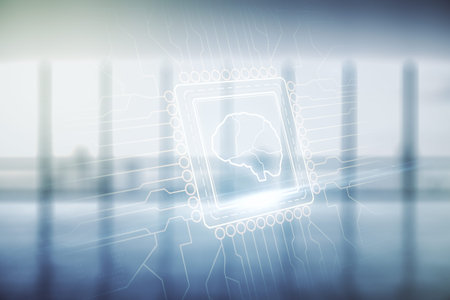 Double exposure of creative artificial Intelligence interface on empty modern office background....