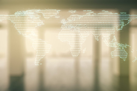 Multi exposure of abstract creative digital world map hologram on empty corporate office background, tourism and traveling conceptの写真素材