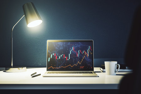 Abstract creative financial graph with world map on modern laptop screen, forex and investment concept. 3D Renderingの写真素材