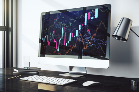 Modern computer screen with abstract financial diagram, banking and accounting concept. 3D Renderingの写真素材