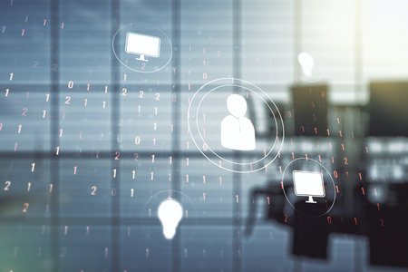 Double exposure of social network icons hologram on a modern boardroom background. Networking conceptの写真素材