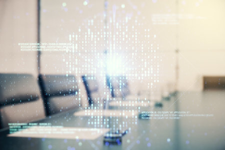 Abstract virtual code skull hologram on a modern coworking room background, cybercrime and hacking concept. Multiexposureの写真素材