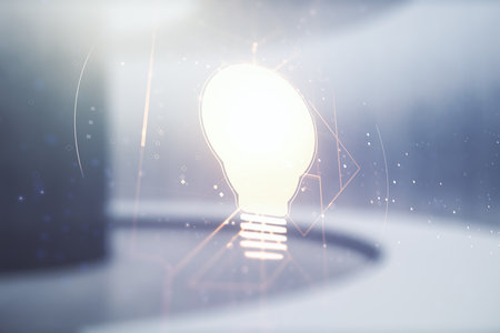 Abstract virtual light bulb illustration on modern interior background, future technology concept. Multiexposureの写真素材