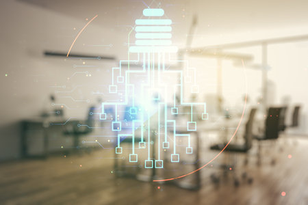 Double exposure of virtual creative light bulb hologram with chip on modern corporate office background, idea and brainstorming conceptの写真素材