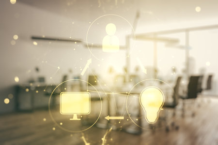Double exposure of abstract virtual social network icons on modern corporate office background. Marketing and promotion conceptの写真素材