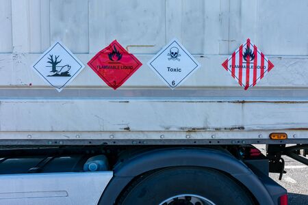Danger labels for the transport of dangerous goods, water pollutant, flammable and toxic solidsの写真素材