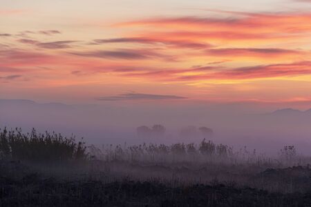 Mists in the field at sunrise with a dramatic skyの写真素材