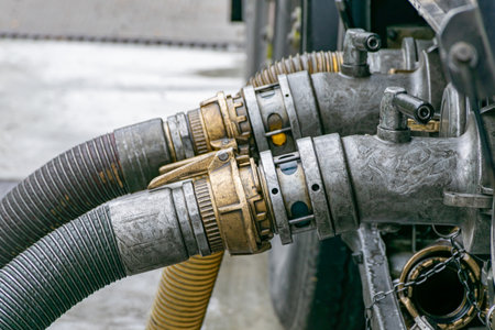 Unloading of fuels, spouts of a fuel tanker unloading at a service station.の写真素材