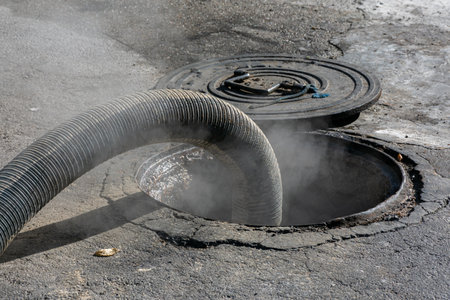 Hose connected to a tank on the ground discharging fuel oil, as the product is at high temperature, vapors come out through the vent.の写真素材